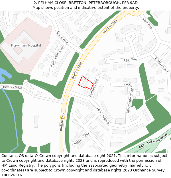 2, PELHAM CLOSE, BRETTON, PETERBOROUGH, PE3 9AD: Location map and indicative extent of plot