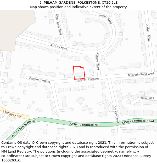 2, PELHAM GARDENS, FOLKESTONE, CT20 2LE: Location map and indicative extent of plot