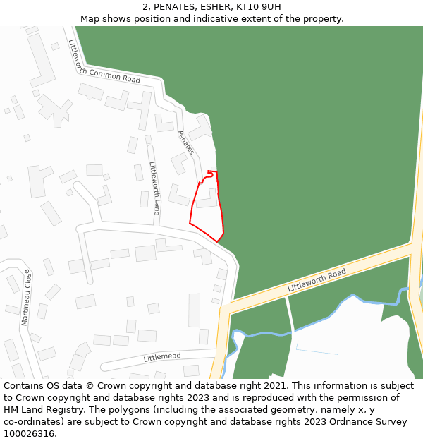 2, PENATES, ESHER, KT10 9UH: Location map and indicative extent of plot