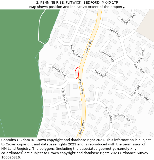 2, PENNINE RISE, FLITWICK, BEDFORD, MK45 1TP: Location map and indicative extent of plot