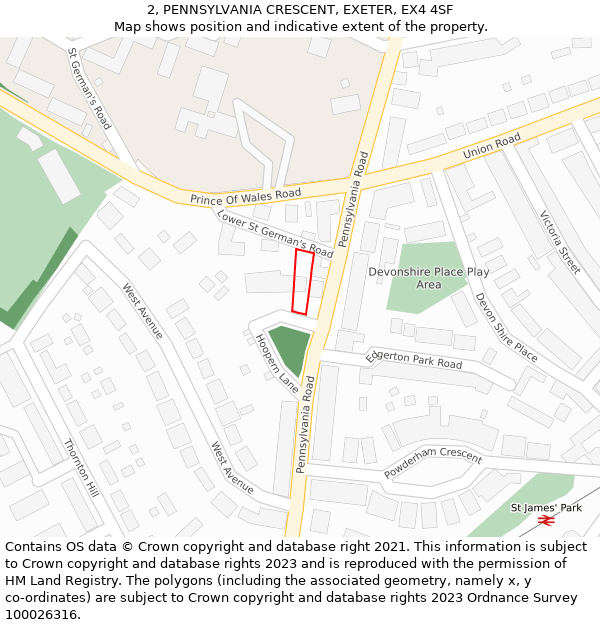 2, PENNSYLVANIA CRESCENT, EXETER, EX4 4SF: Location map and indicative extent of plot