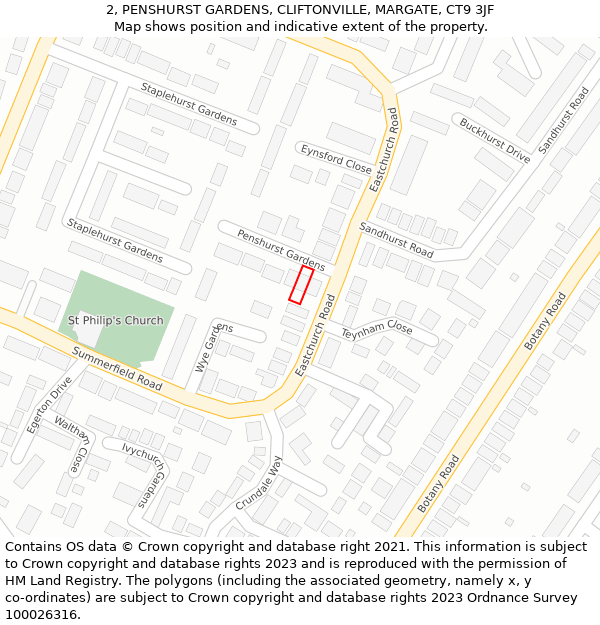 2, PENSHURST GARDENS, CLIFTONVILLE, MARGATE, CT9 3JF: Location map and indicative extent of plot