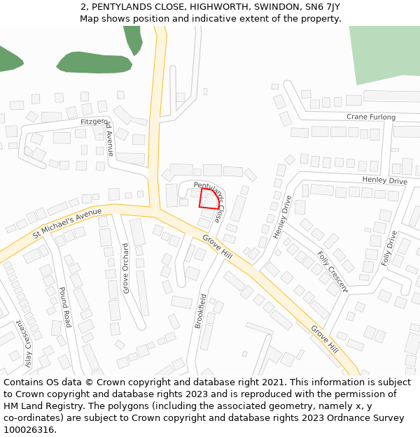 2, PENTYLANDS CLOSE, HIGHWORTH, SWINDON, SN6 7JY: Location map and indicative extent of plot