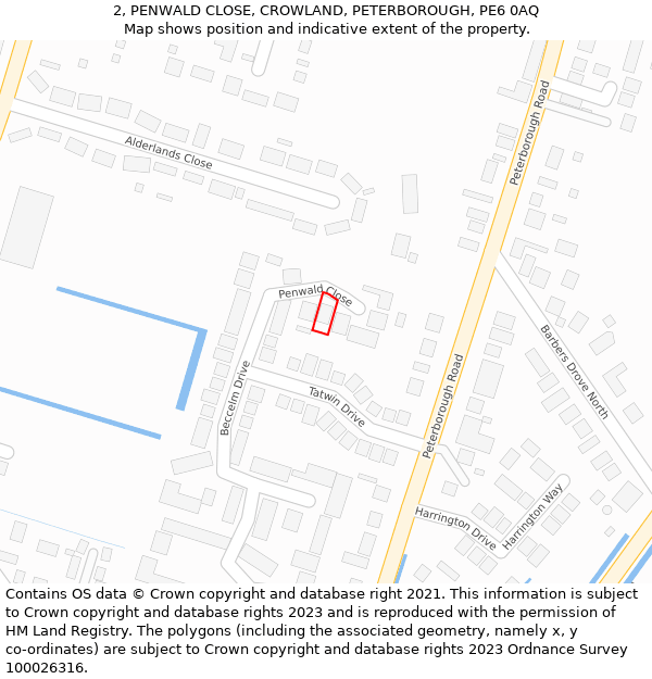 2, PENWALD CLOSE, CROWLAND, PETERBOROUGH, PE6 0AQ: Location map and indicative extent of plot