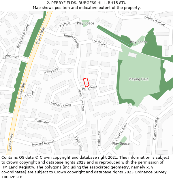 2, PERRYFIELDS, BURGESS HILL, RH15 8TU: Location map and indicative extent of plot