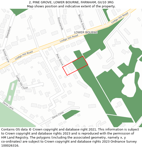 2, PINE GROVE, LOWER BOURNE, FARNHAM, GU10 3RG: Location map and indicative extent of plot