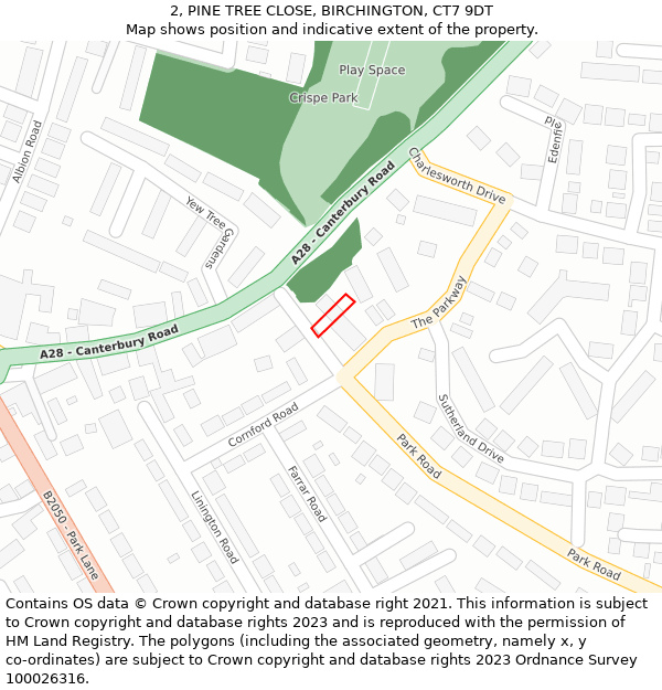 2, PINE TREE CLOSE, BIRCHINGTON, CT7 9DT: Location map and indicative extent of plot