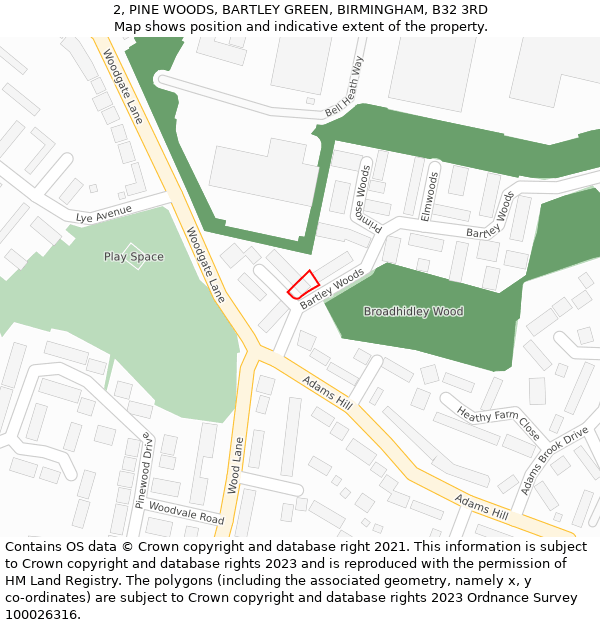 2, PINE WOODS, BARTLEY GREEN, BIRMINGHAM, B32 3RD: Location map and indicative extent of plot