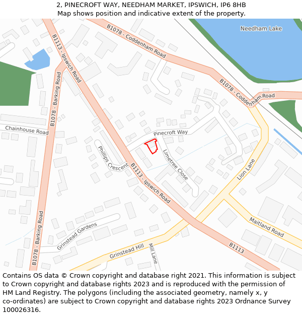 2, PINECROFT WAY, NEEDHAM MARKET, IPSWICH, IP6 8HB: Location map and indicative extent of plot