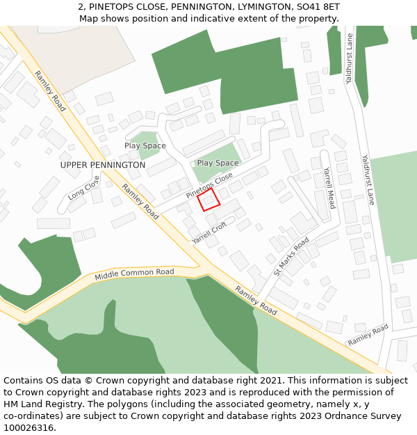 2, PINETOPS CLOSE, PENNINGTON, LYMINGTON, SO41 8ET: Location map and indicative extent of plot