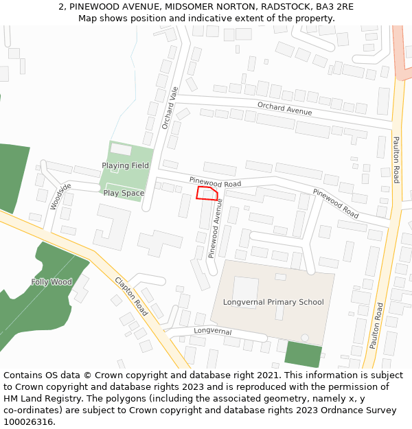 2, PINEWOOD AVENUE, MIDSOMER NORTON, RADSTOCK, BA3 2RE: Location map and indicative extent of plot