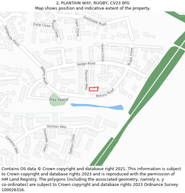 2, PLANTAIN WAY, RUGBY, CV23 0FG: Location map and indicative extent of plot