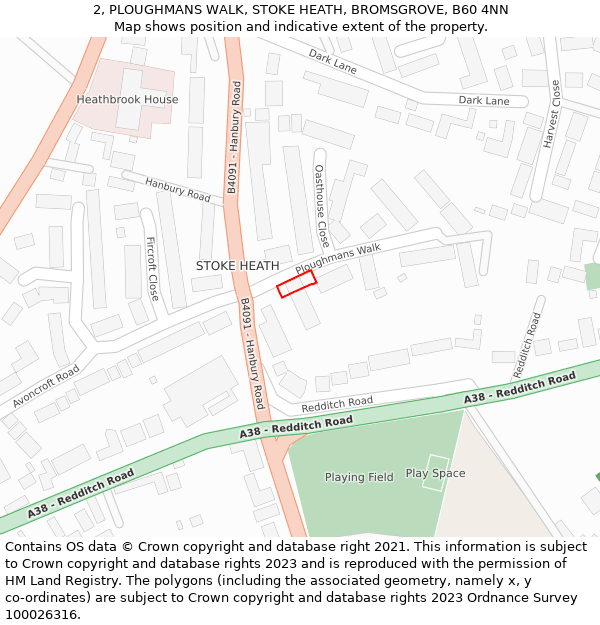 2, PLOUGHMANS WALK, STOKE HEATH, BROMSGROVE, B60 4NN: Location map and indicative extent of plot