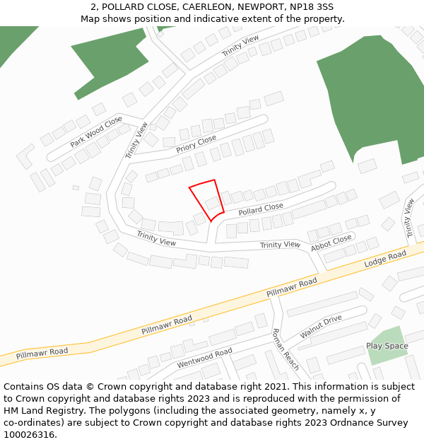 2, POLLARD CLOSE, CAERLEON, NEWPORT, NP18 3SS: Location map and indicative extent of plot