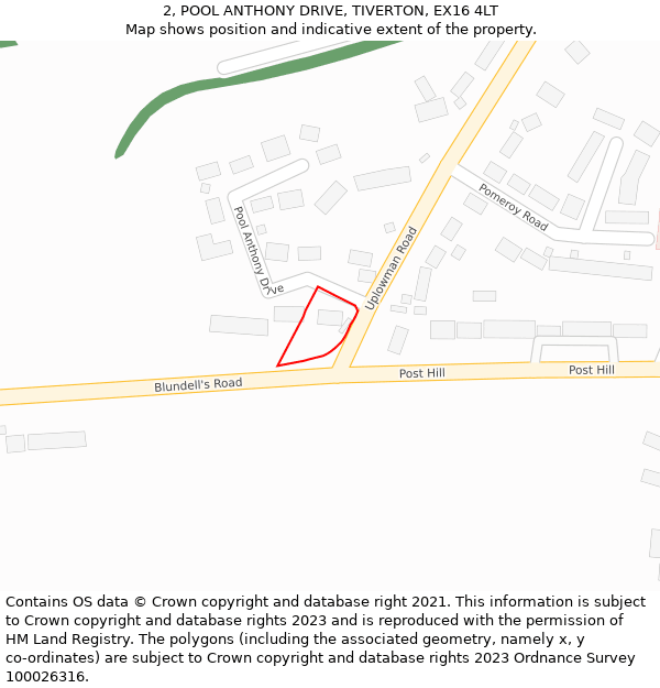 2, POOL ANTHONY DRIVE, TIVERTON, EX16 4LT: Location map and indicative extent of plot