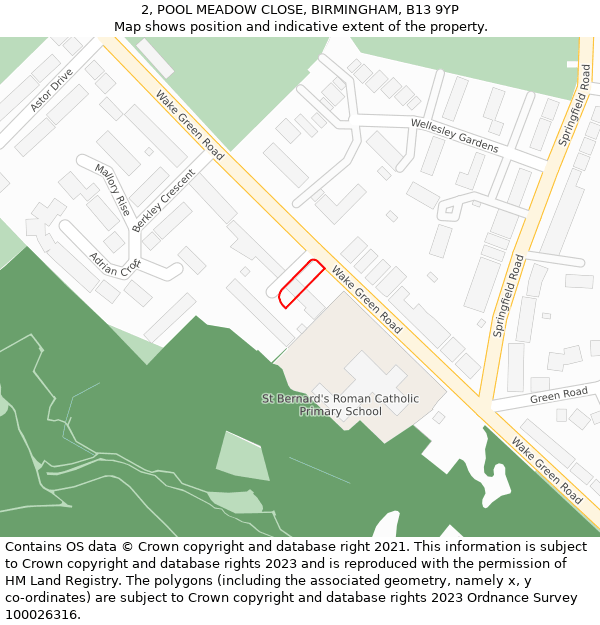 2, POOL MEADOW CLOSE, BIRMINGHAM, B13 9YP: Location map and indicative extent of plot