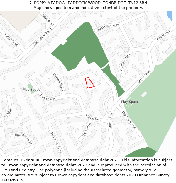 2, POPPY MEADOW, PADDOCK WOOD, TONBRIDGE, TN12 6BN: Location map and indicative extent of plot