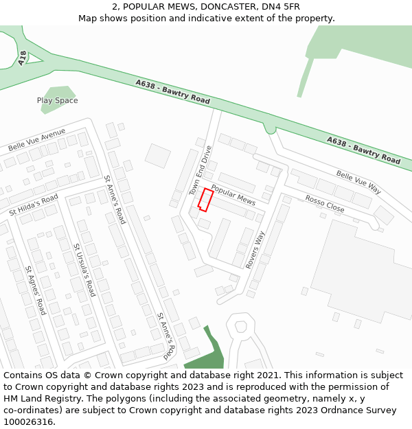 2, POPULAR MEWS, DONCASTER, DN4 5FR: Location map and indicative extent of plot