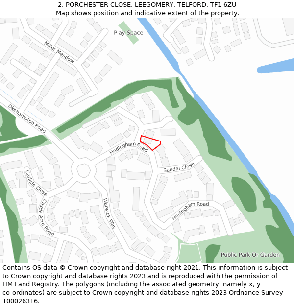 2, PORCHESTER CLOSE, LEEGOMERY, TELFORD, TF1 6ZU: Location map and indicative extent of plot