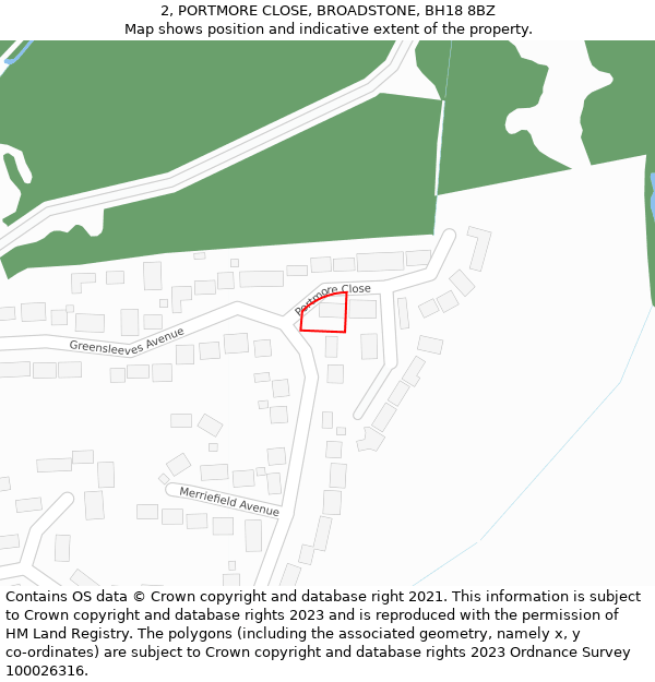 2, PORTMORE CLOSE, BROADSTONE, BH18 8BZ: Location map and indicative extent of plot