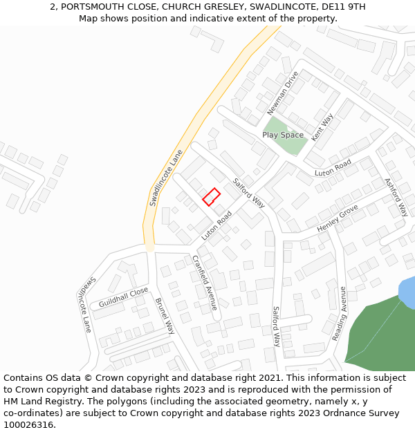 2, PORTSMOUTH CLOSE, CHURCH GRESLEY, SWADLINCOTE, DE11 9TH: Location map and indicative extent of plot