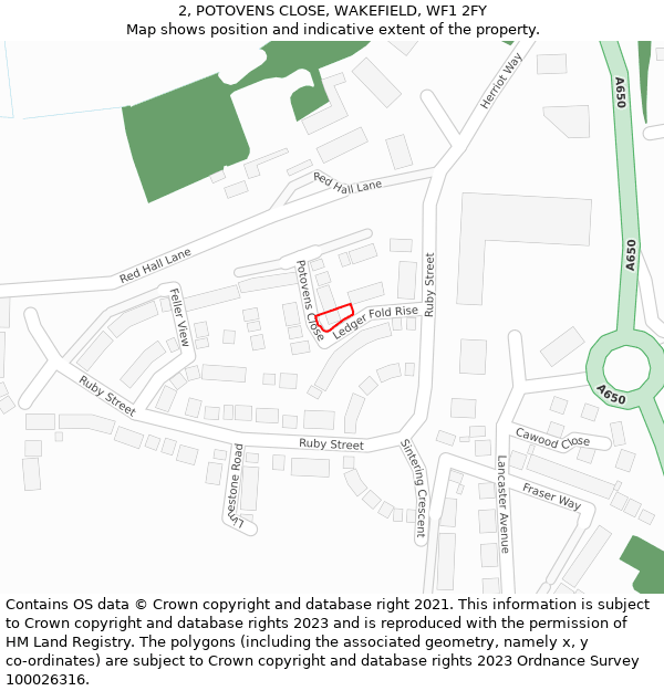2, POTOVENS CLOSE, WAKEFIELD, WF1 2FY: Location map and indicative extent of plot