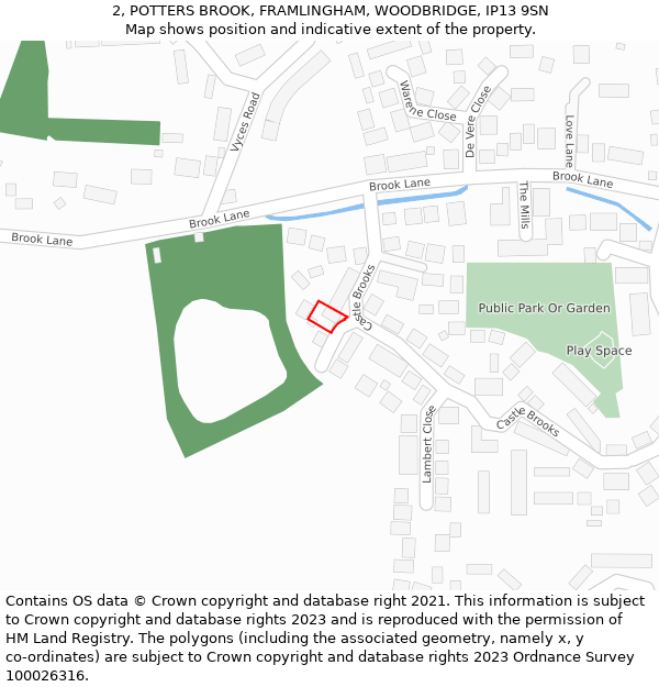 2, POTTERS BROOK, FRAMLINGHAM, WOODBRIDGE, IP13 9SN: Location map and indicative extent of plot