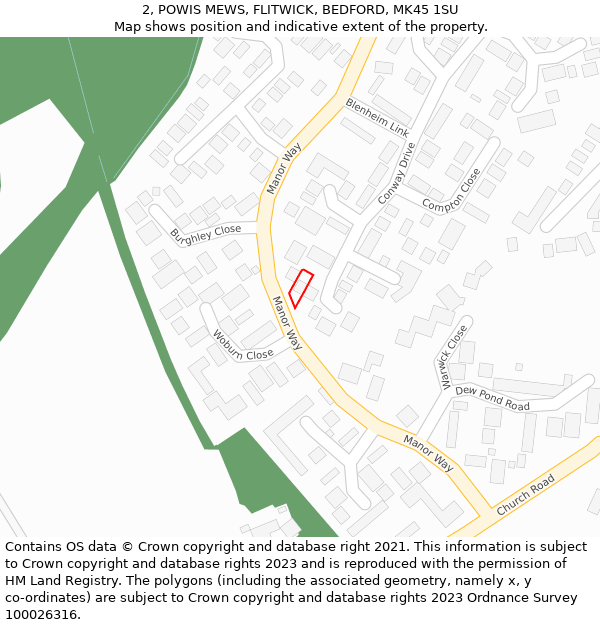 2, POWIS MEWS, FLITWICK, BEDFORD, MK45 1SU: Location map and indicative extent of plot