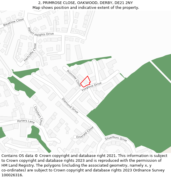 2, PRIMROSE CLOSE, OAKWOOD, DERBY, DE21 2NY: Location map and indicative extent of plot