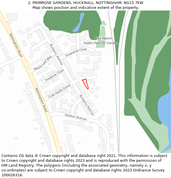 2, PRIMROSE GARDENS, HUCKNALL, NOTTINGHAM, NG15 7EW: Location map and indicative extent of plot