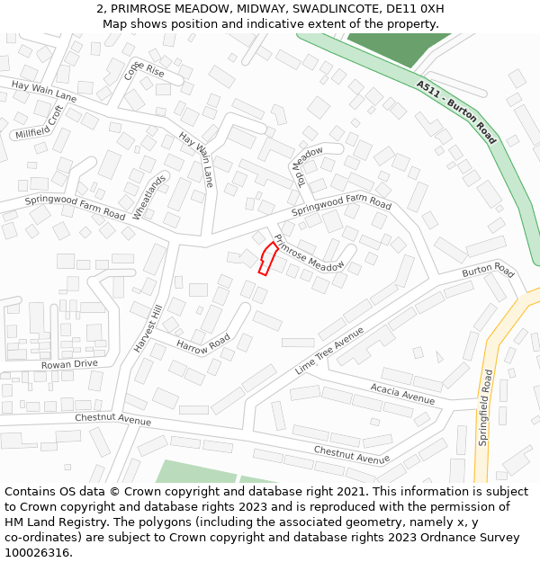 2, PRIMROSE MEADOW, MIDWAY, SWADLINCOTE, DE11 0XH: Location map and indicative extent of plot