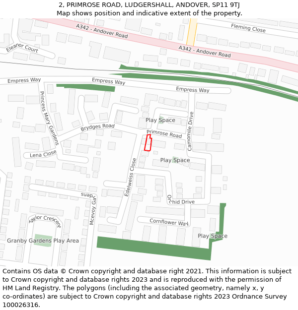 2, PRIMROSE ROAD, LUDGERSHALL, ANDOVER, SP11 9TJ: Location map and indicative extent of plot