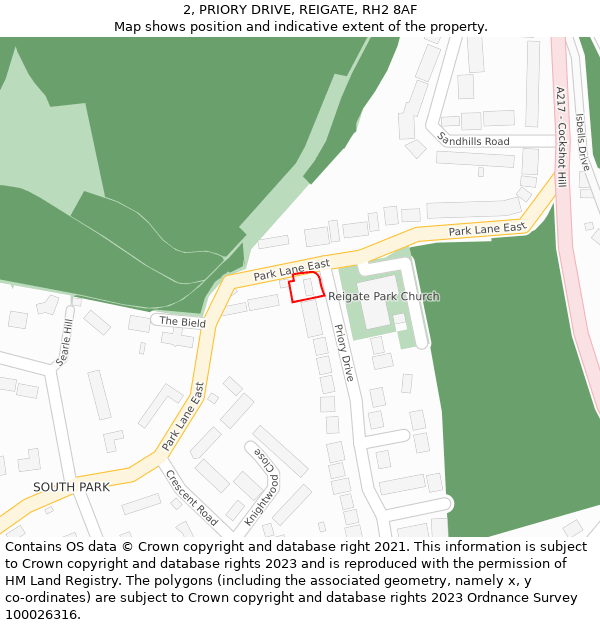 2, PRIORY DRIVE, REIGATE, RH2 8AF: Location map and indicative extent of plot