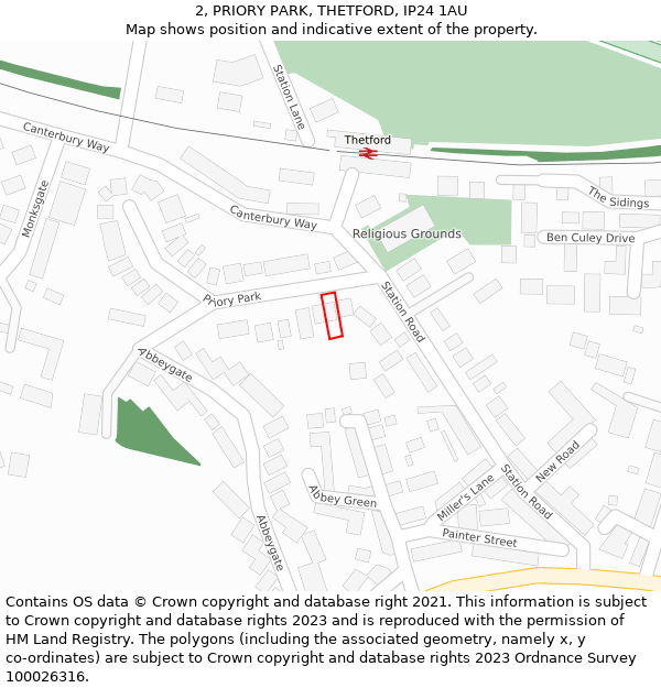 2, PRIORY PARK, THETFORD, IP24 1AU: Location map and indicative extent of plot