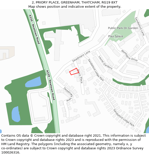 2, PRIORY PLACE, GREENHAM, THATCHAM, RG19 8XT: Location map and indicative extent of plot