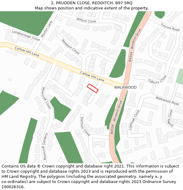 2, PRUDDEN CLOSE, REDDITCH, B97 5RQ: Location map and indicative extent of plot