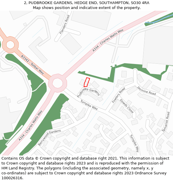 2, PUDBROOKE GARDENS, HEDGE END, SOUTHAMPTON, SO30 4RA: Location map and indicative extent of plot