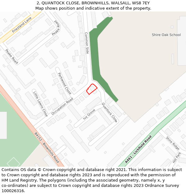 2, QUANTOCK CLOSE, BROWNHILLS, WALSALL, WS8 7EY: Location map and indicative extent of plot