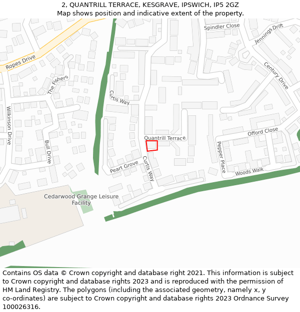 2, QUANTRILL TERRACE, KESGRAVE, IPSWICH, IP5 2GZ: Location map and indicative extent of plot