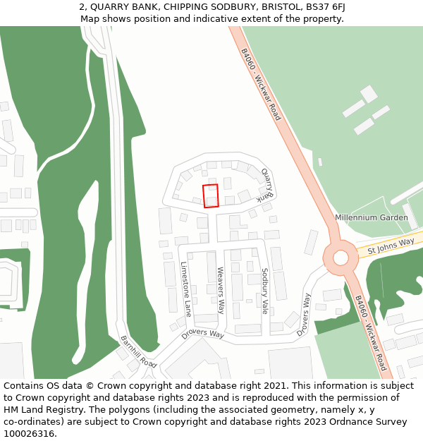 2, QUARRY BANK, CHIPPING SODBURY, BRISTOL, BS37 6FJ: Location map and indicative extent of plot