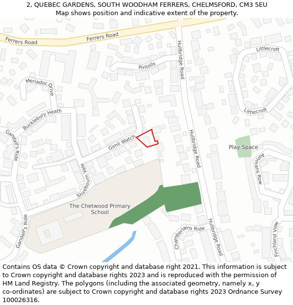2, QUEBEC GARDENS, SOUTH WOODHAM FERRERS, CHELMSFORD, CM3 5EU: Location map and indicative extent of plot
