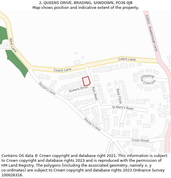 2, QUEENS DRIVE, BRADING, SANDOWN, PO36 0JB: Location map and indicative extent of plot