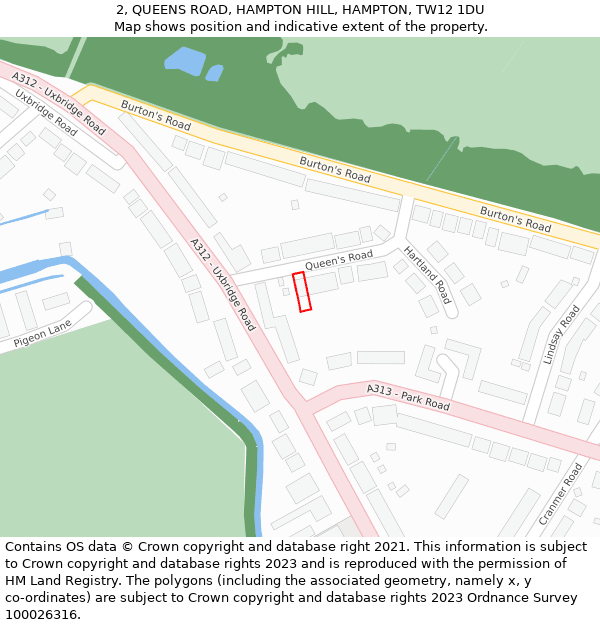 2, QUEENS ROAD, HAMPTON HILL, HAMPTON, TW12 1DU: Location map and indicative extent of plot