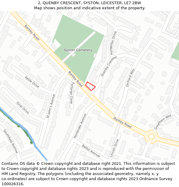 2, QUENBY CRESCENT, SYSTON, LEICESTER, LE7 2BW: Location map and indicative extent of plot