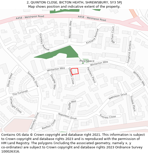 2, QUINTON CLOSE, BICTON HEATH, SHREWSBURY, SY3 5PJ: Location map and indicative extent of plot