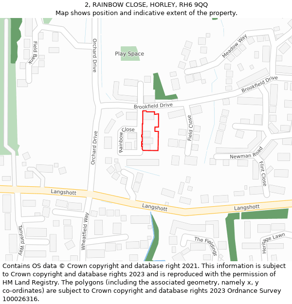 2, RAINBOW CLOSE, HORLEY, RH6 9QQ: Location map and indicative extent of plot