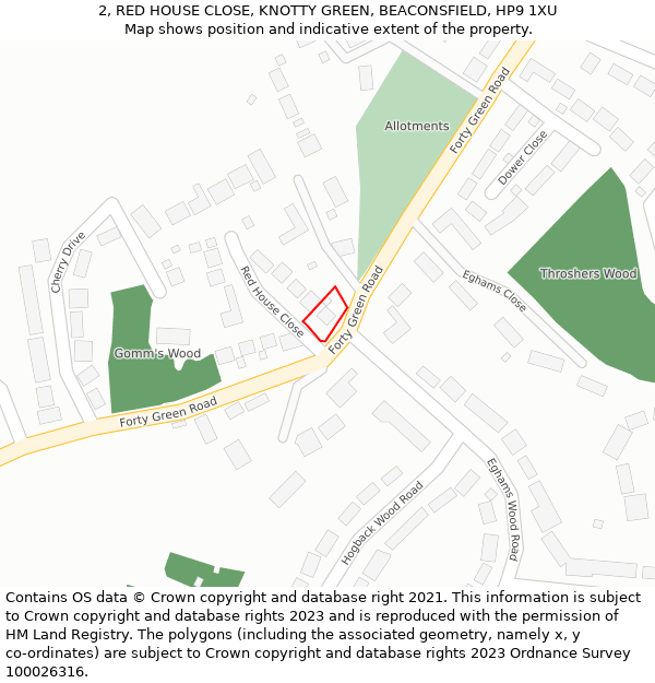 2, RED HOUSE CLOSE, KNOTTY GREEN, BEACONSFIELD, HP9 1XU: Location map and indicative extent of plot