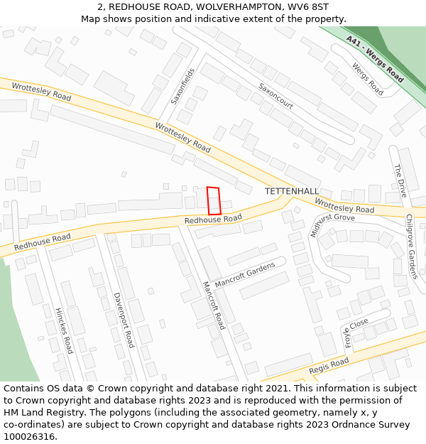 2, REDHOUSE ROAD, WOLVERHAMPTON, WV6 8ST: Location map and indicative extent of plot
