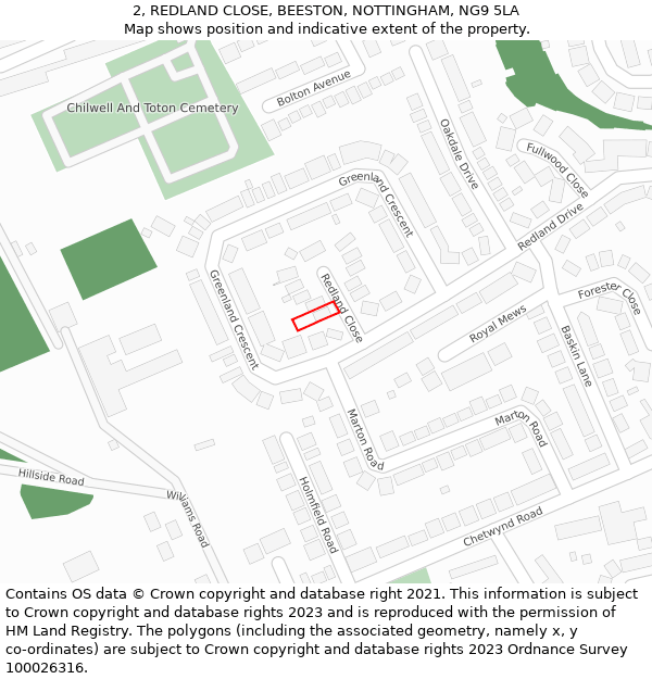 2, REDLAND CLOSE, BEESTON, NOTTINGHAM, NG9 5LA: Location map and indicative extent of plot