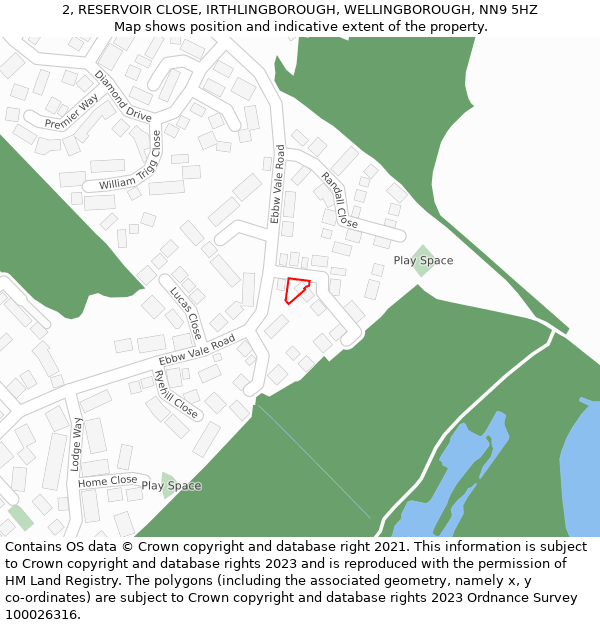 2, RESERVOIR CLOSE, IRTHLINGBOROUGH, WELLINGBOROUGH, NN9 5HZ: Location map and indicative extent of plot